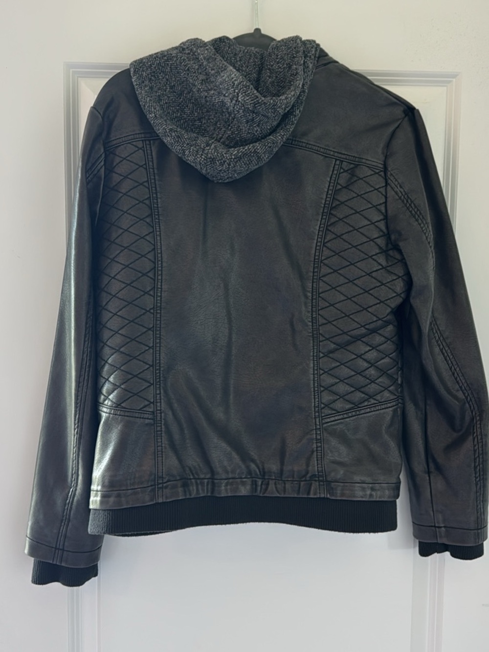 Women's Black Quilted Faux Leather Bomber Jacket with Knit Hood